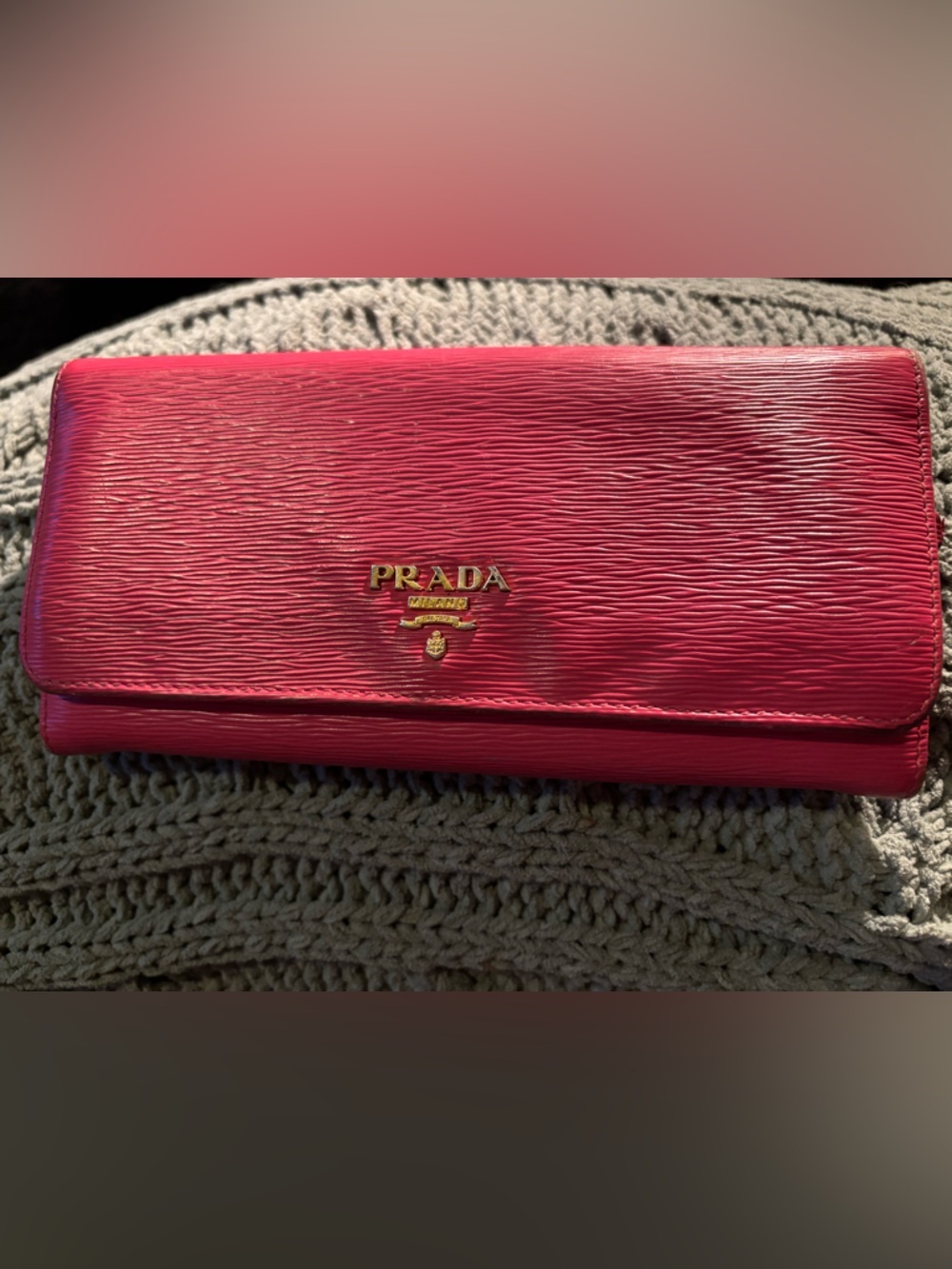 AuthenticWOC-Prada Pink Saffiano Leather Long Bifold Wallet Removable Gold Chain - Picture 2 of 11